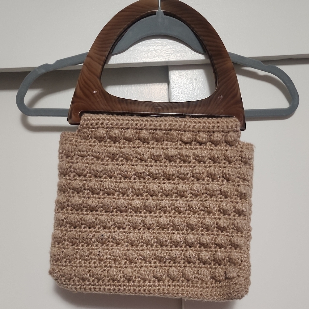 Vintage Hand Crocheted Wooden Handle Bag Coastal Grandma Boho Tote - Picture 9 of 11